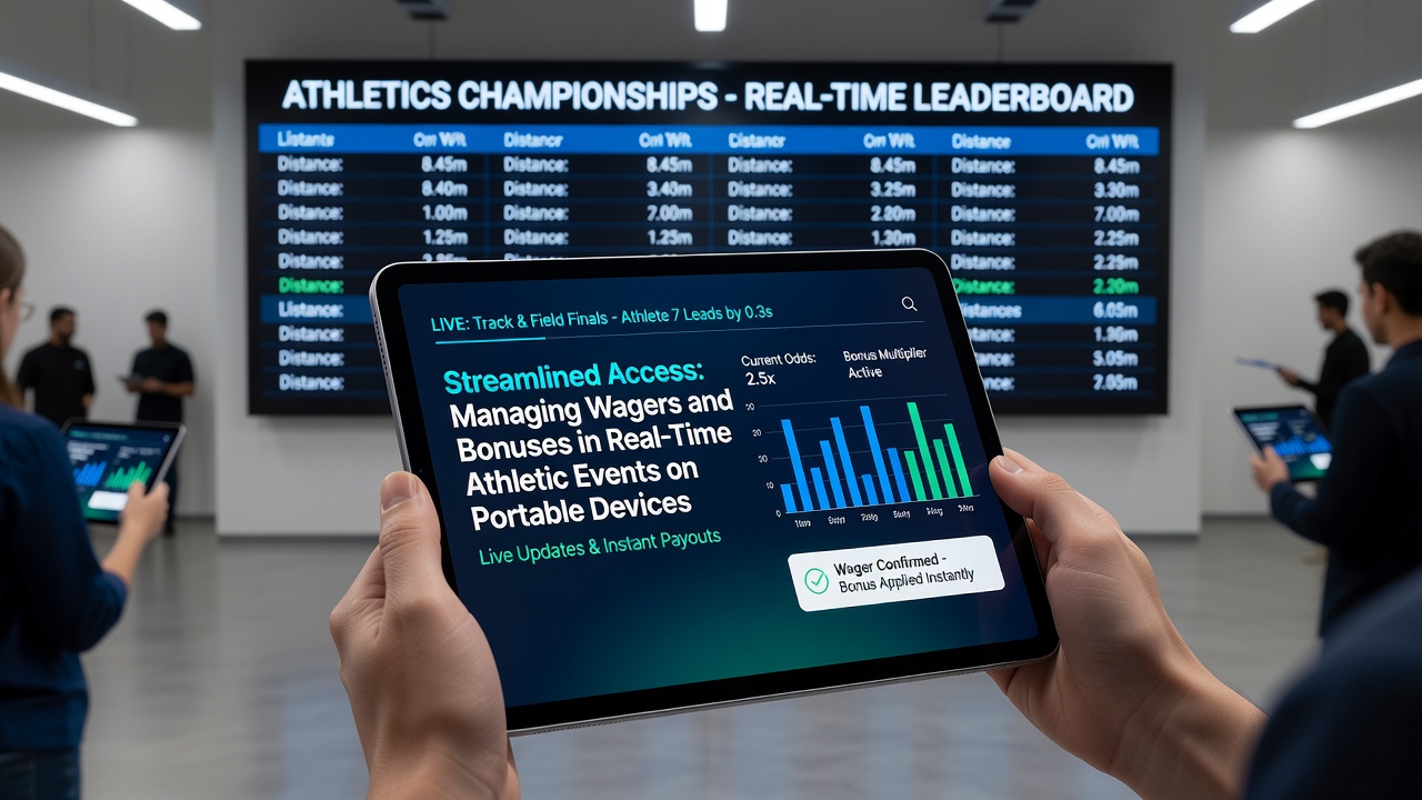 Close-up of portable device screen showing synchronized bonus tracking and wager adjustments during a live sports broadcast
